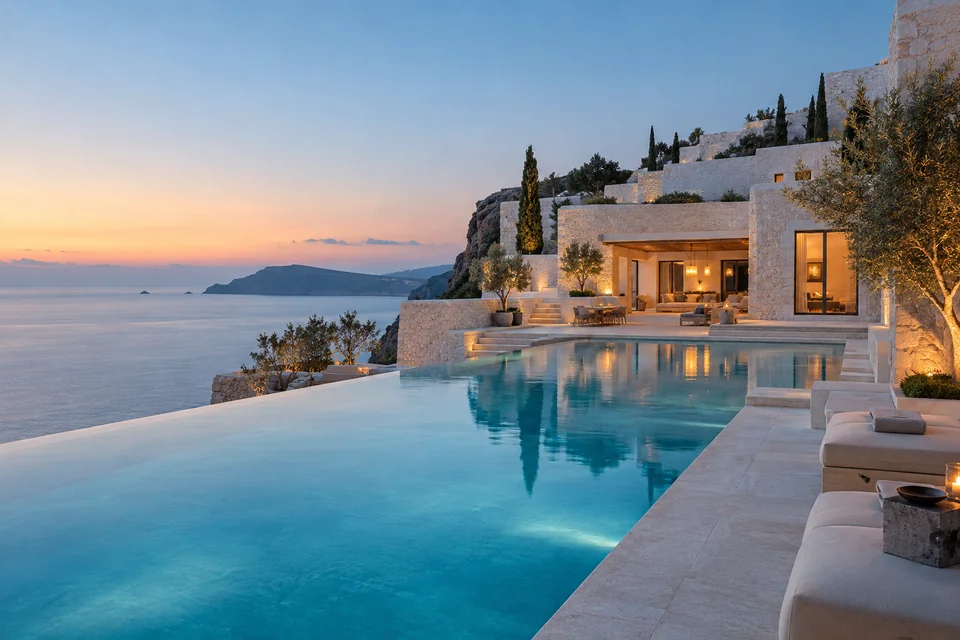 Hôtel méditerranéen en pierre claire et piscine à débordement face à la mer à l’aube