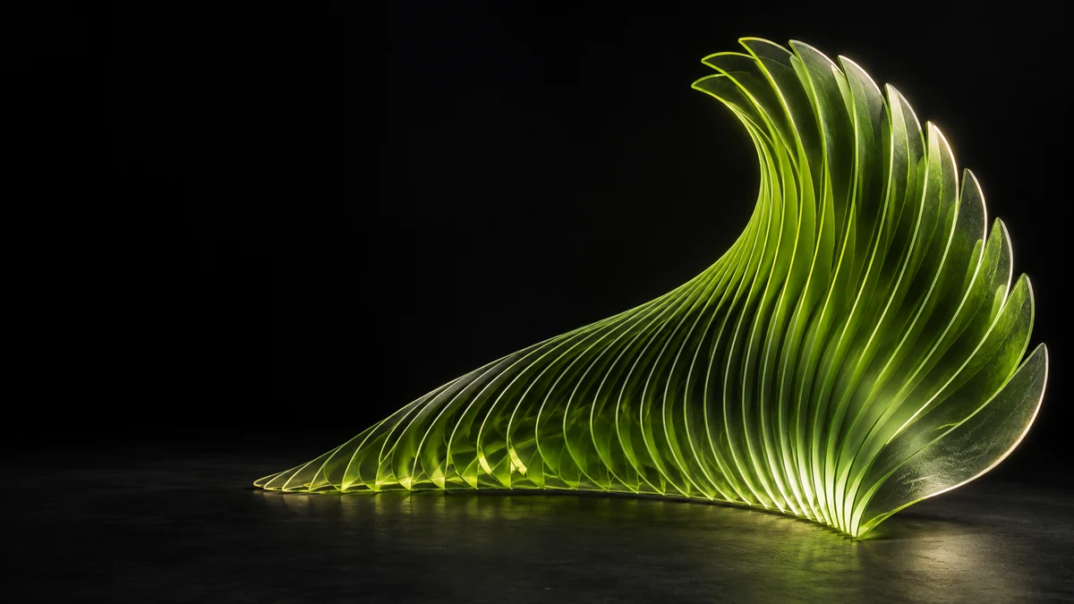 Résonance, sculpture de verre vert lumineux en forme de vague sur fond noir, création visuelle Diamoria